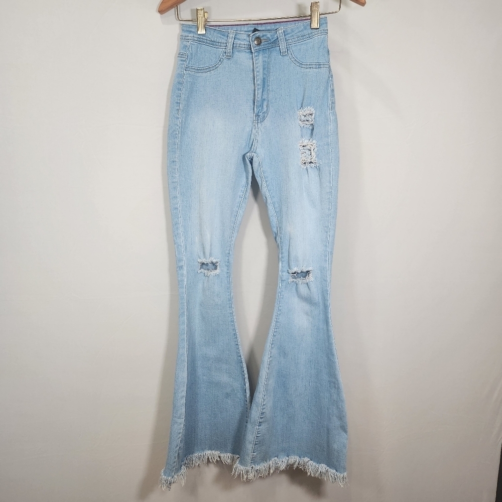 Love Light Blue Flare Jeans with Frayed Hem - Picture 2 of 13